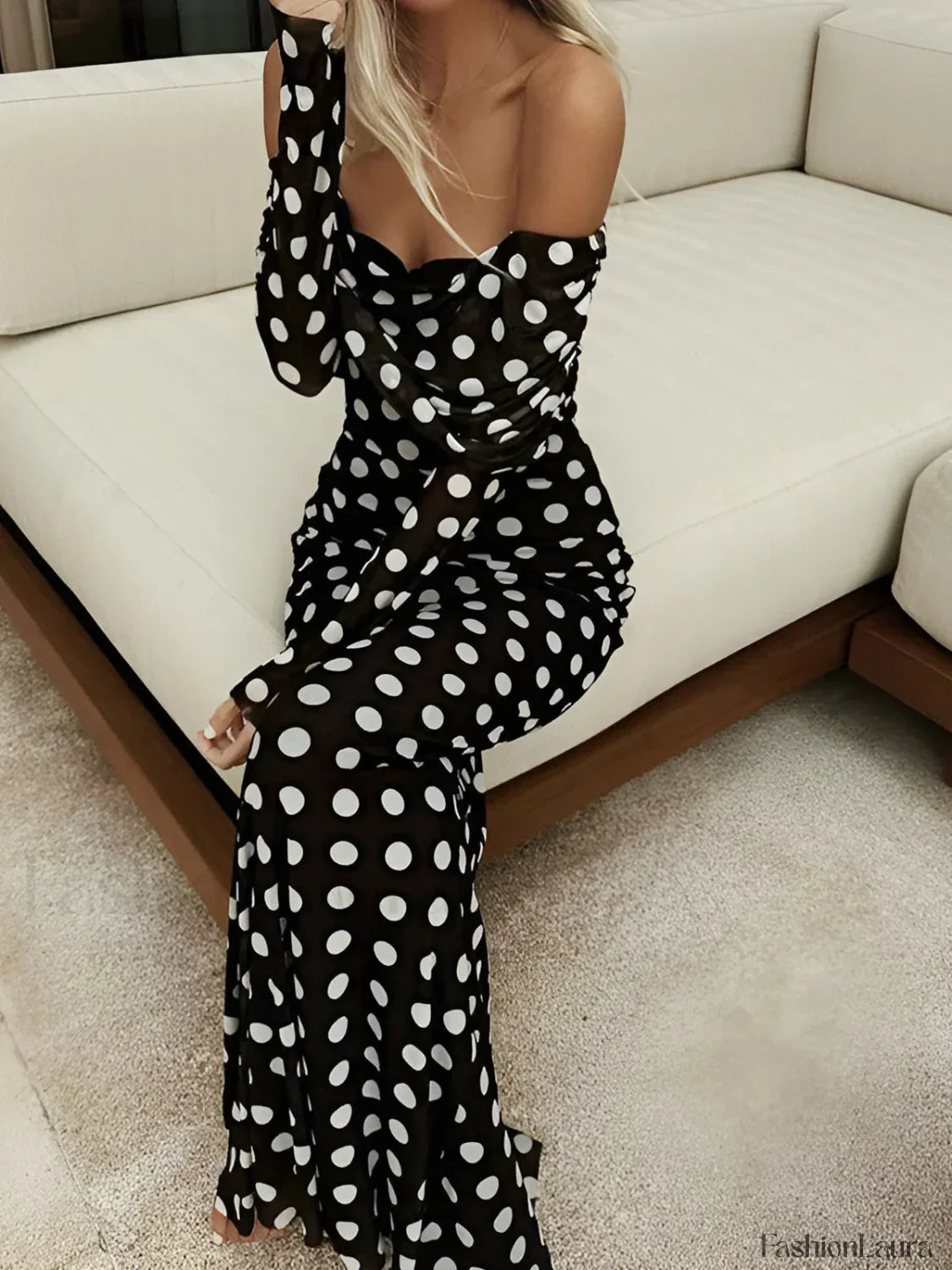Black Long Sleeve Off Shoulder Polka Dot Print Long Dress 11