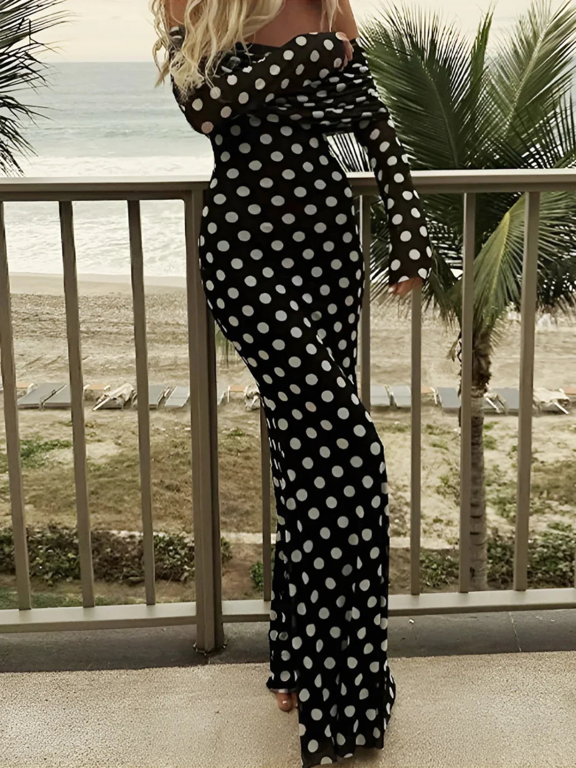 Black Long Sleeve Off Shoulder Polka Dot Print Long Dress 8