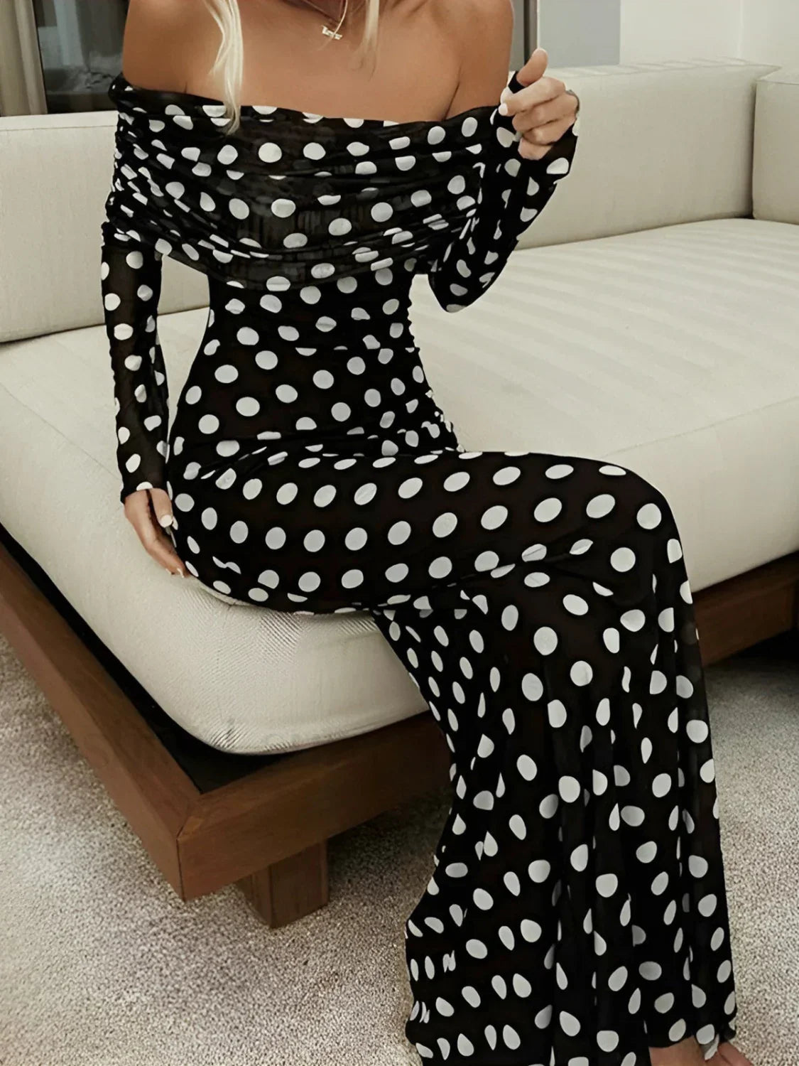 Black Long Sleeve Off Shoulder Polka Dot Print Long Dress 10