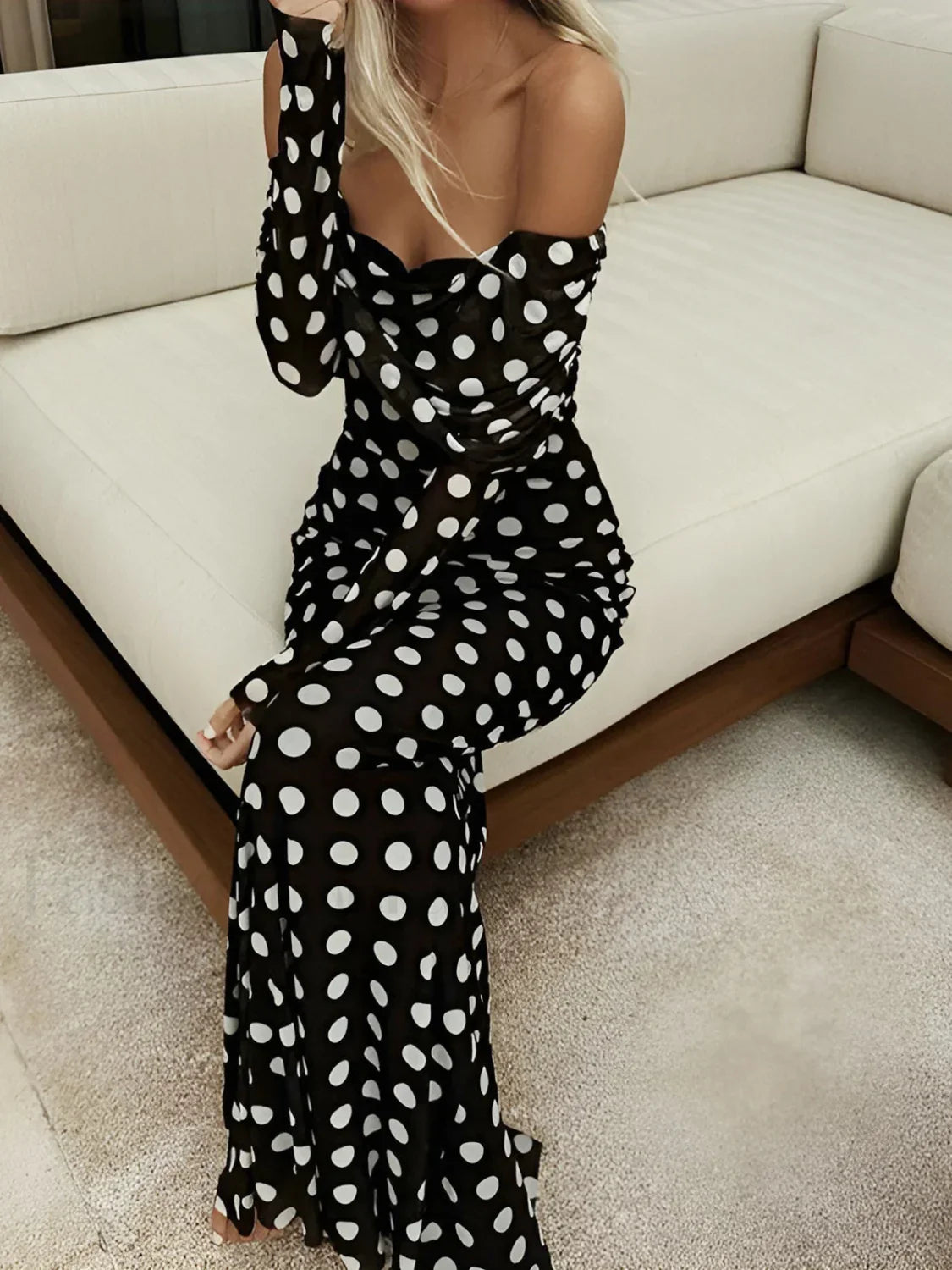 Black Long Sleeve Off Shoulder Polka Dot Print Long Dress 6
