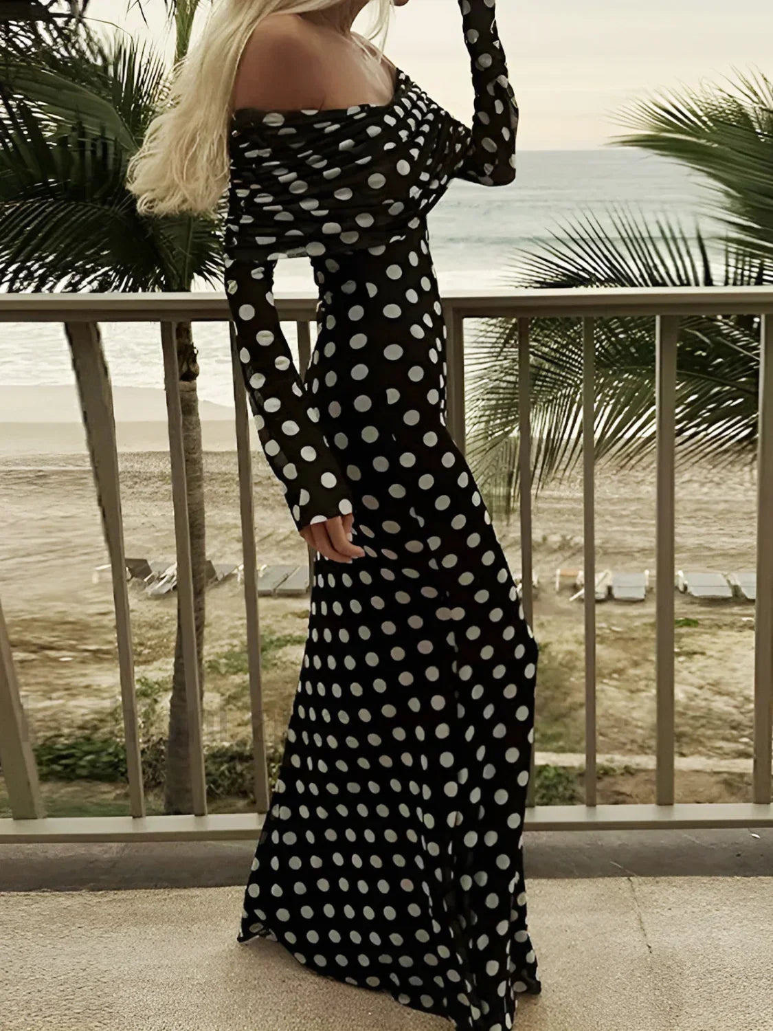 Black Long Sleeve Off Shoulder Polka Dot Print Long Dress 2