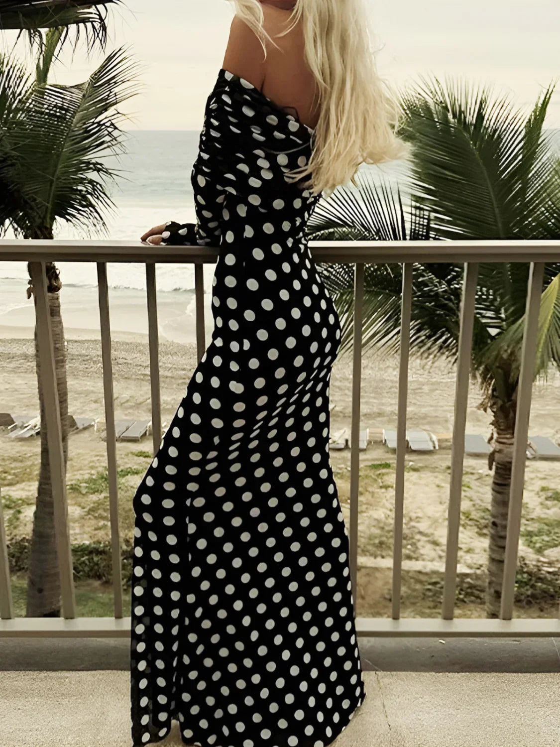Black Long Sleeve Off Shoulder Polka Dot Print Long Dress 7
