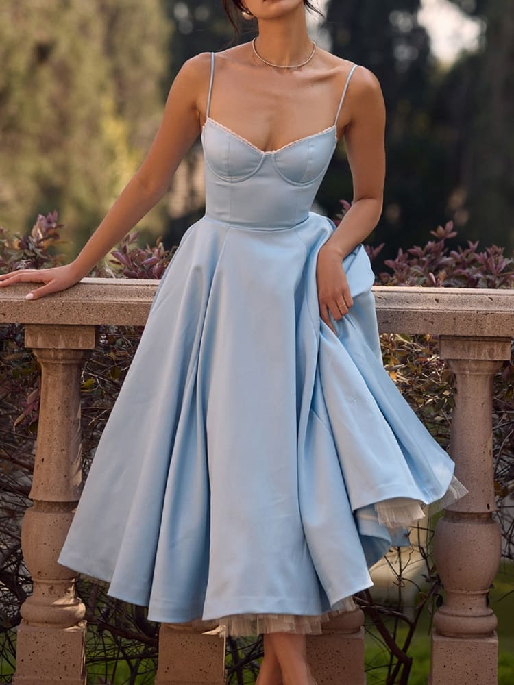Sweetheart Lace Trim Bustier Spaghetti Strap Tulle Hem Midi Dress
