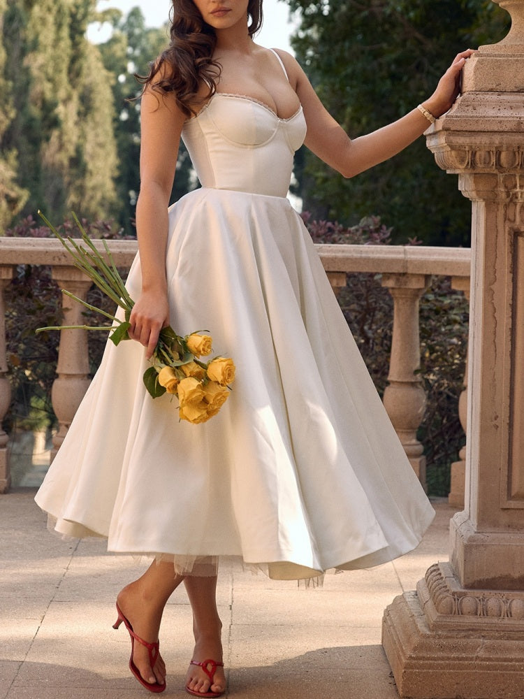 Bustier Spaghetti Strap Tulle Underskirt Fit and Flare Midi Dress 2