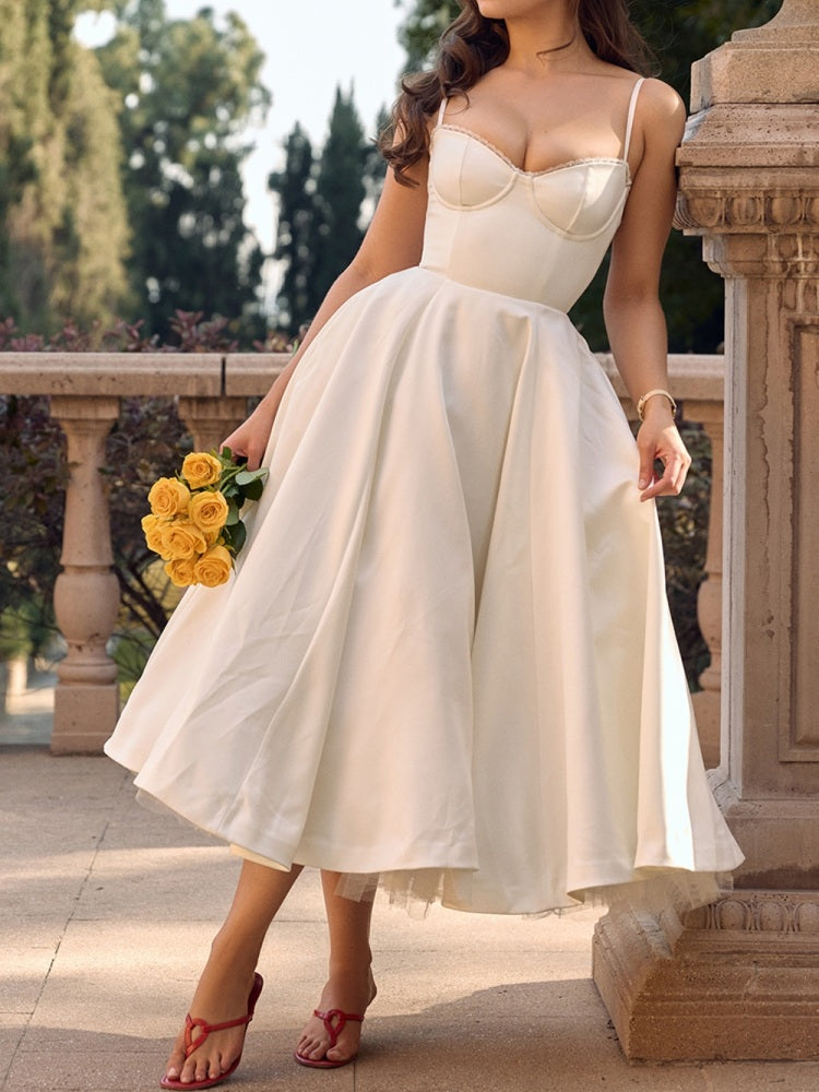 Bustier Spaghetti Strap Tulle Underskirt Fit and Flare Midi Dress