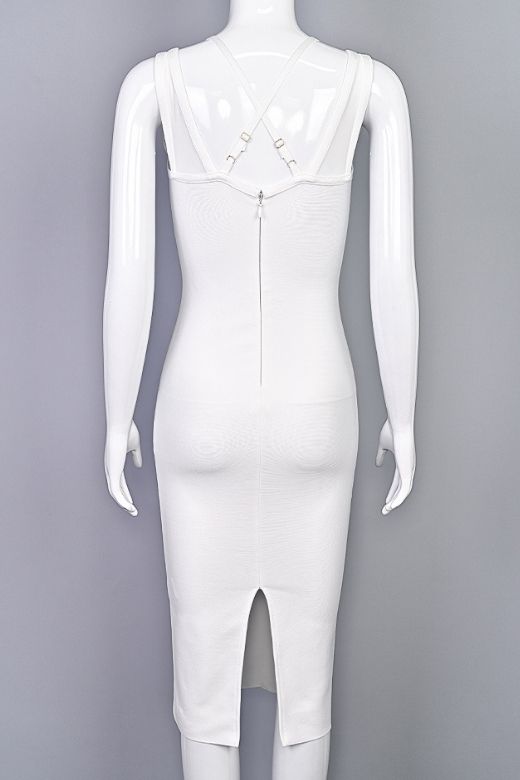 Pearl White Asymmetrical Strap V-Neck Bustier Bandage Midi Dress 8