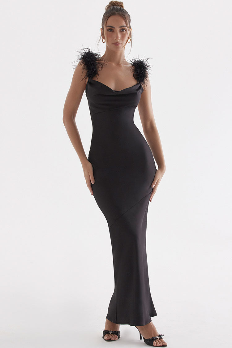 Cowl Neck Feather Trim Spaghetti Strap Satin Fishtail Maxi Gown 3