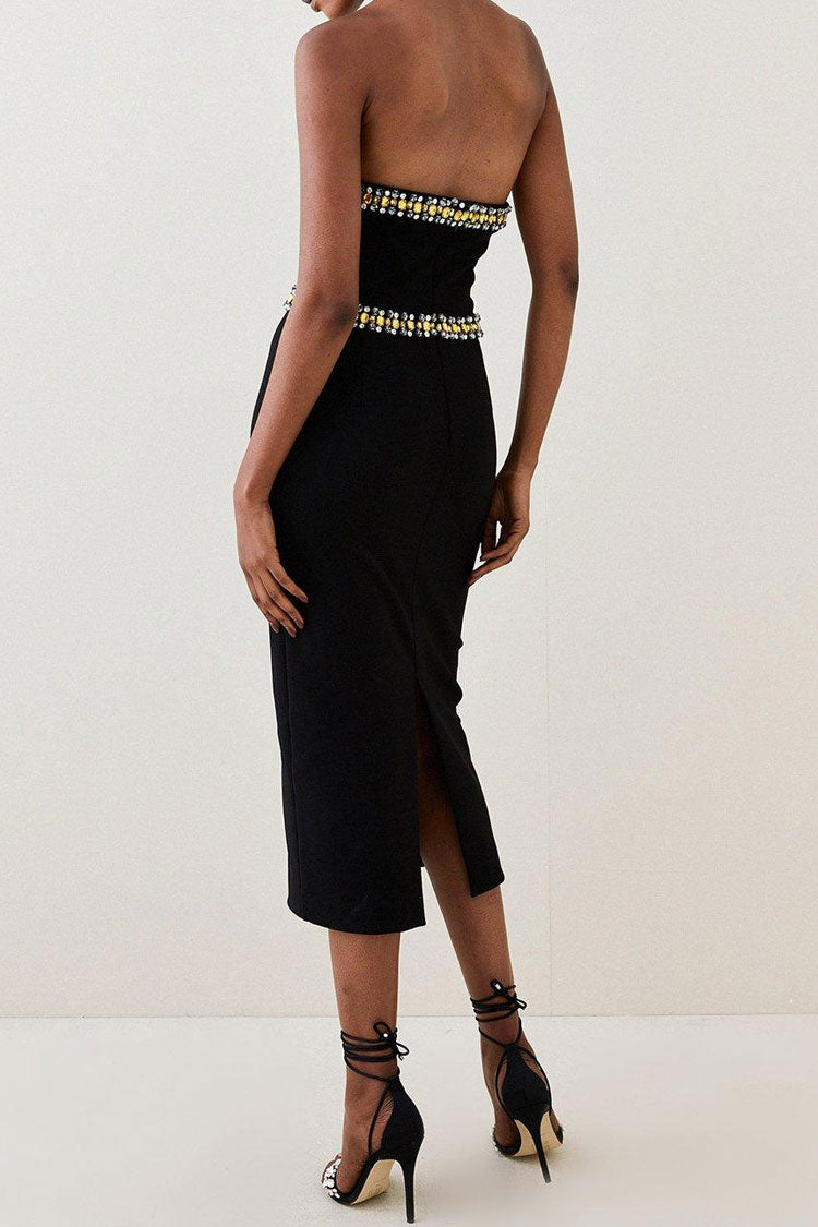 Rhinestone Crisscross Halter Collar Gemstone Trim Bandage Cocktail Midi Dress 2