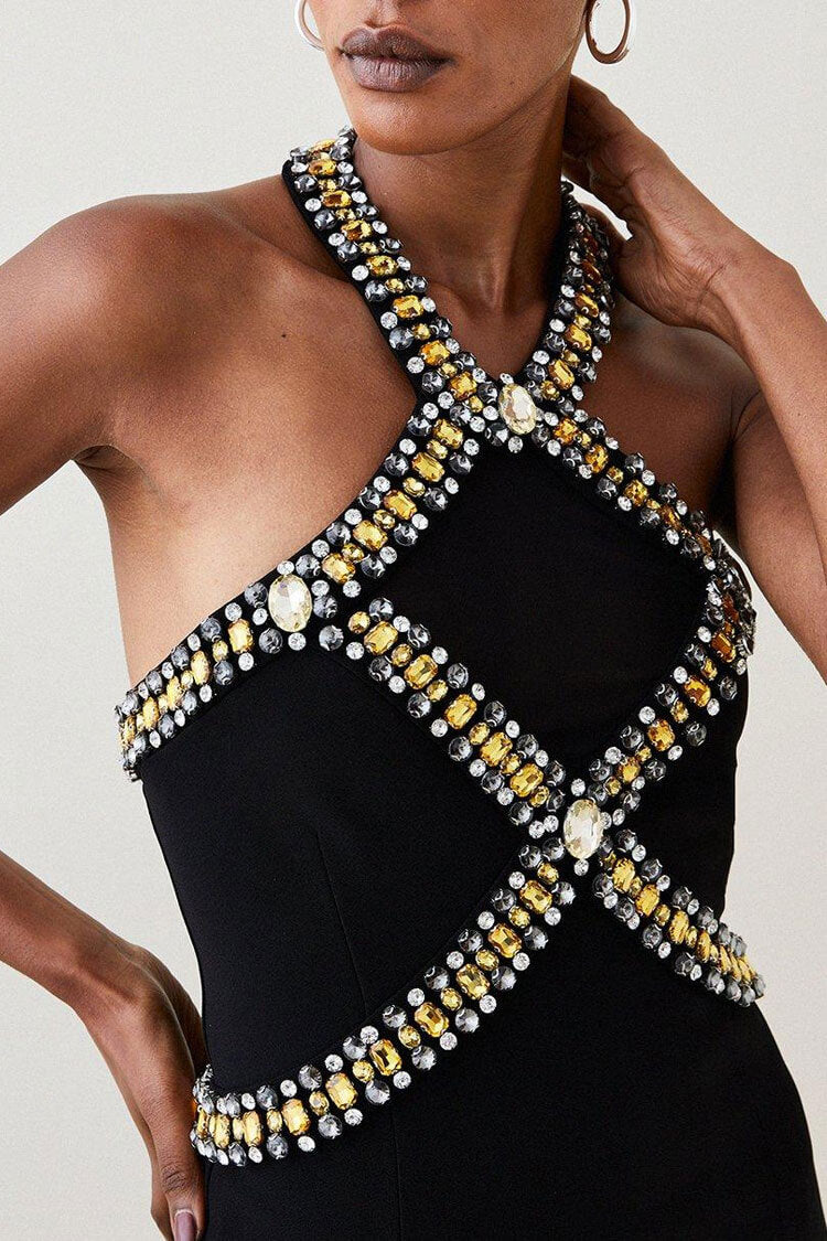 Rhinestone Crisscross Halter Collar Gemstone Trim Bandage Cocktail Midi Dress 3