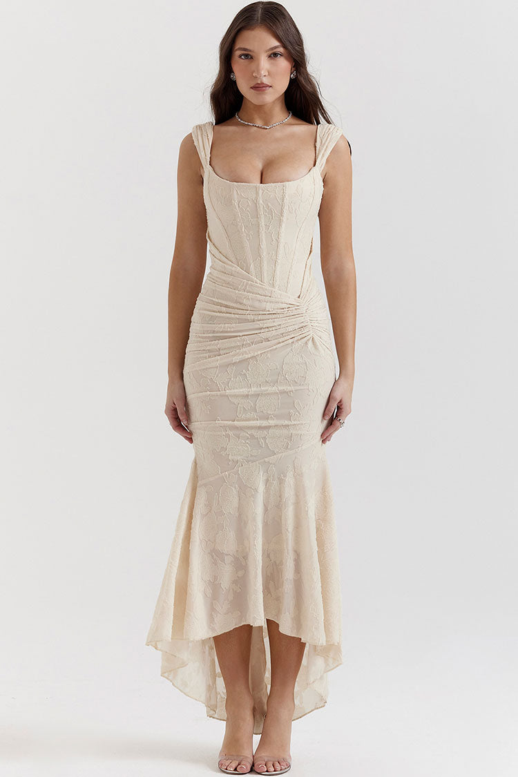 Square Neck Corset Ruched Jacquard Floral Mermaid Hem Gown