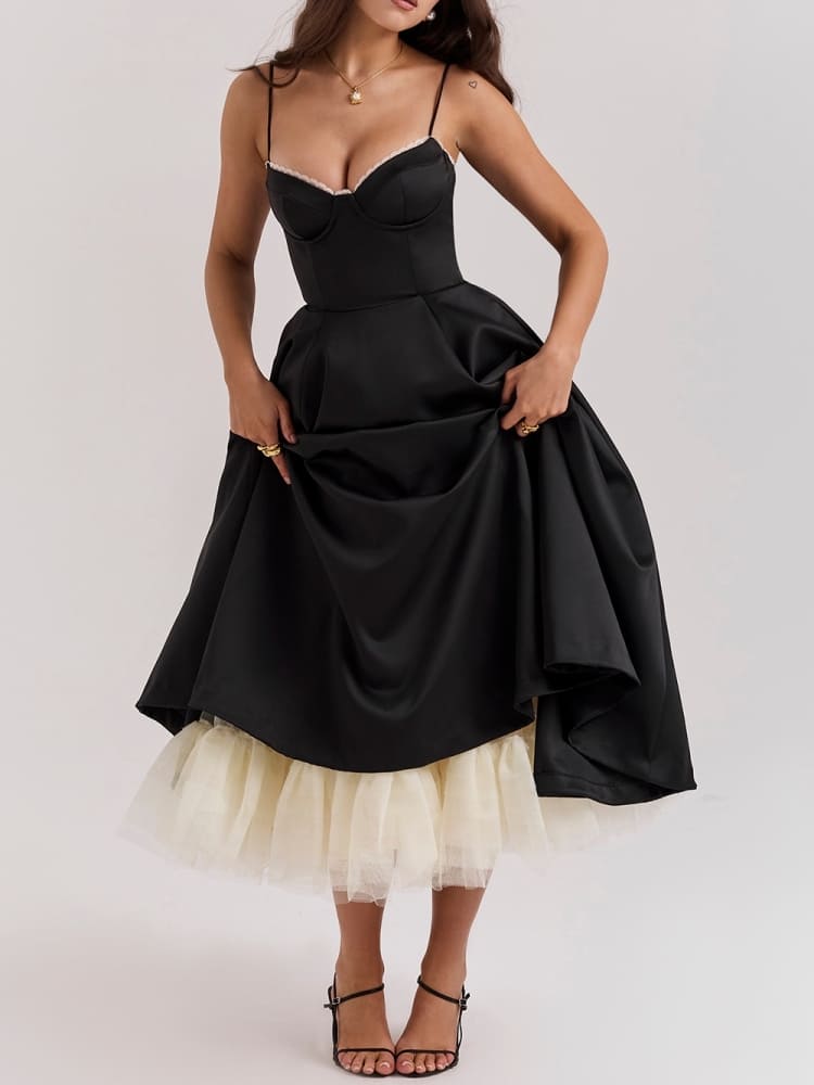Sweetheart Lace Trim Bustier Tulle Hem Fit and Flare Midi Dress 6