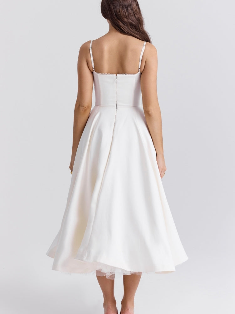 Bustier Spaghetti Strap Tulle Underskirt Fit and Flare Midi Dress 6