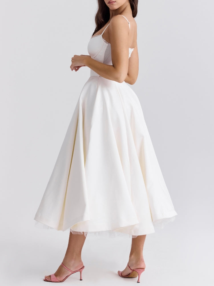 Bustier Spaghetti Strap Tulle Underskirt Fit and Flare Midi Dress 5
