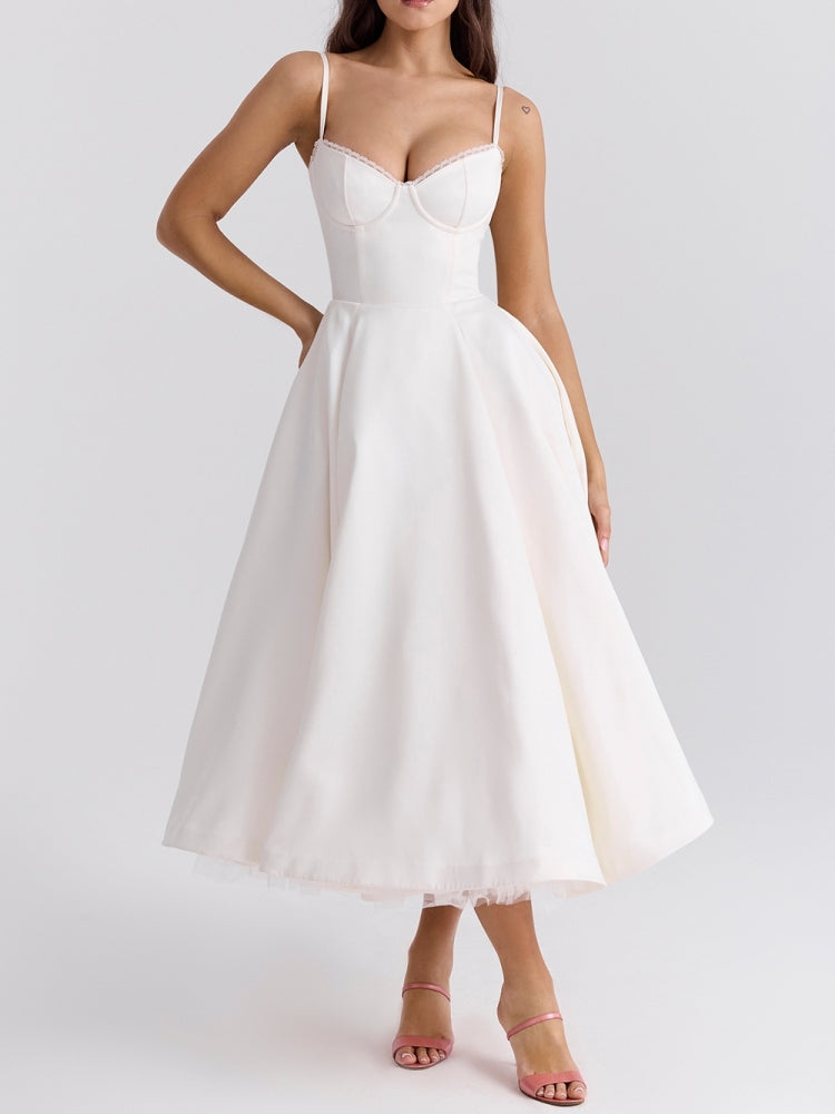 Bustier Spaghetti Strap Tulle Underskirt Fit and Flare Midi Dress 3