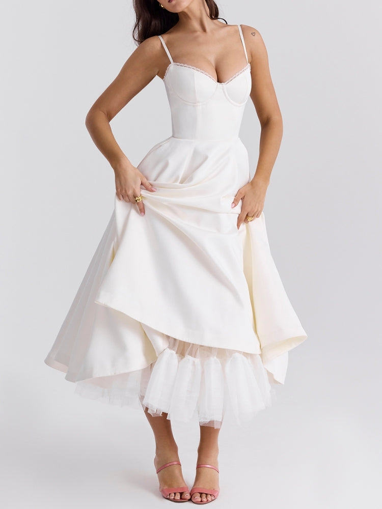 Bustier Spaghetti Strap Tulle Underskirt Fit and Flare Midi Dress 4