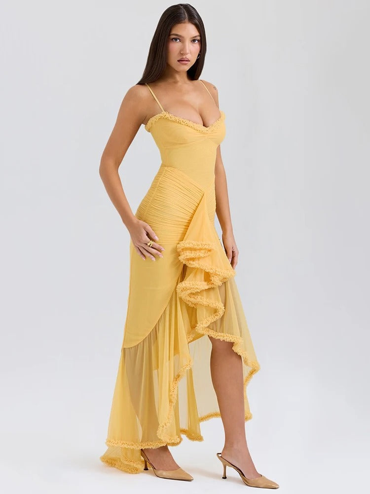 Ruffle Trim Ruched Front Slit Spaghetti Strap Maxi Dress 12