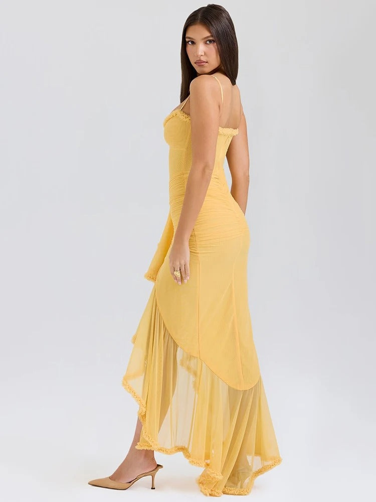 Ruffle Trim Ruched Front Slit Spaghetti Strap Maxi Dress 11