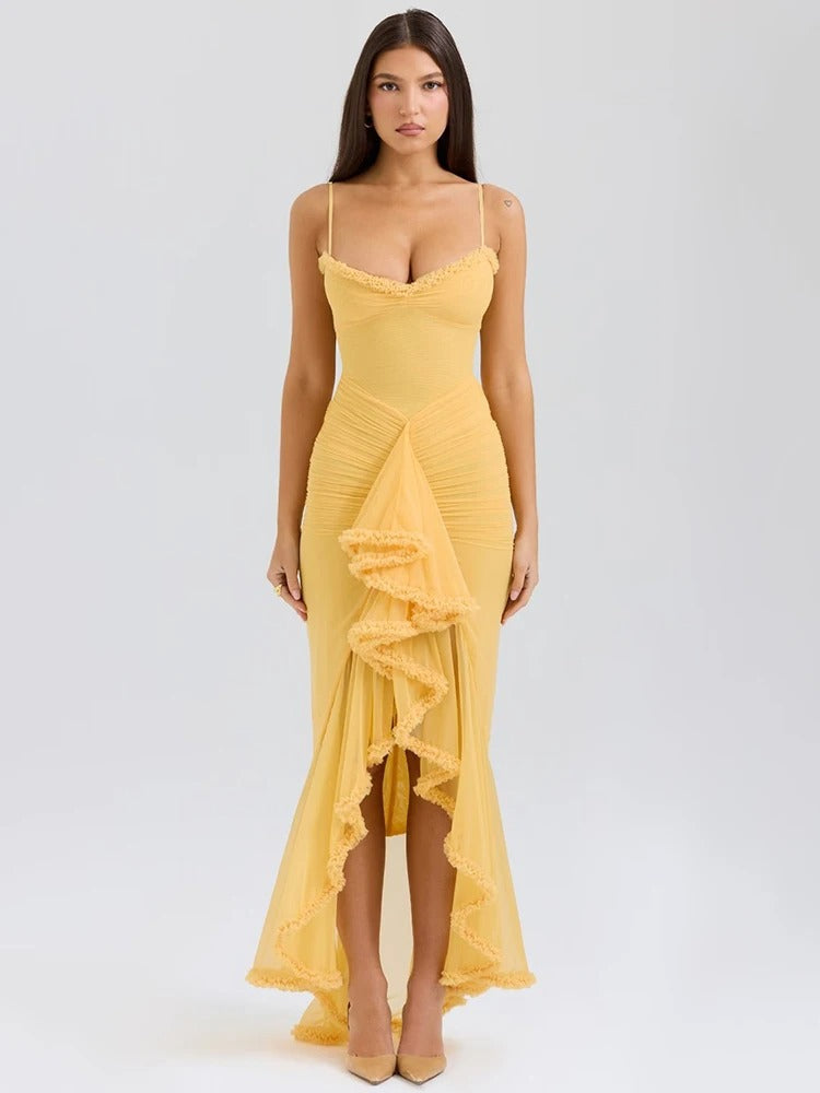 Ruffle Trim Ruched Front Slit Spaghetti Strap Maxi Dress 10