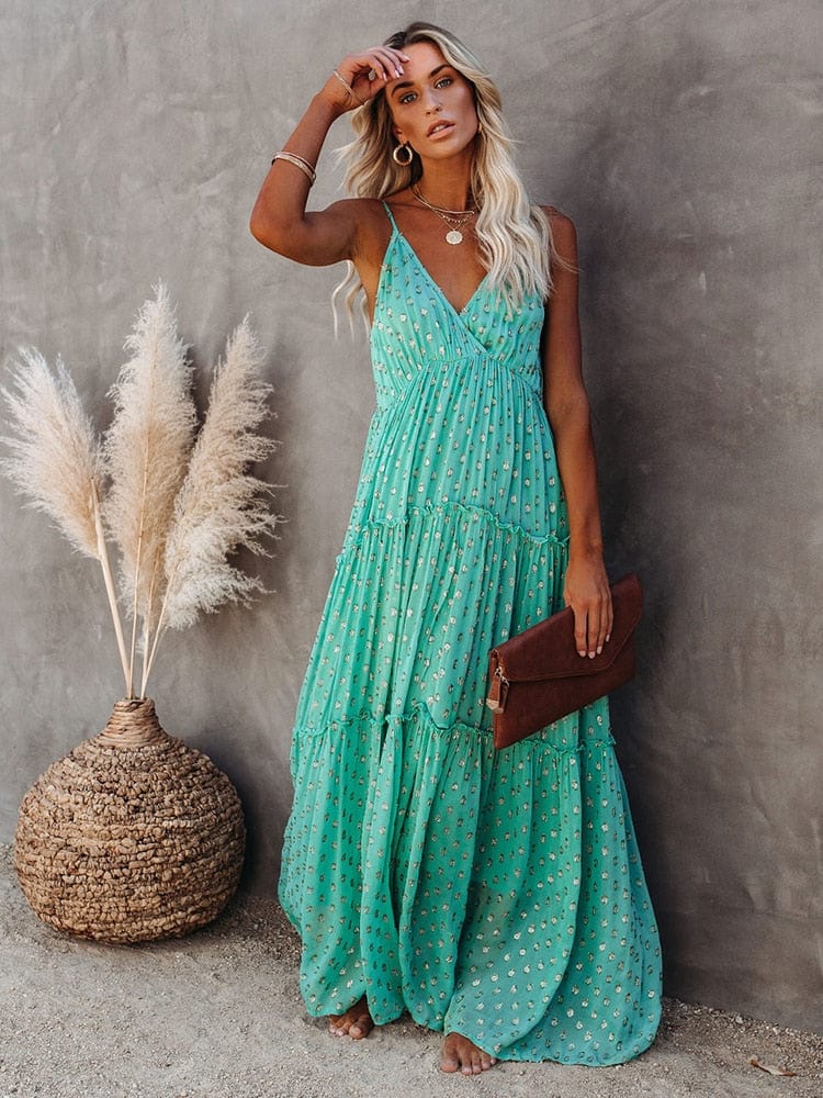 V Neck Spaghetti Strap Metallic Dot Tiered Maxi Dress