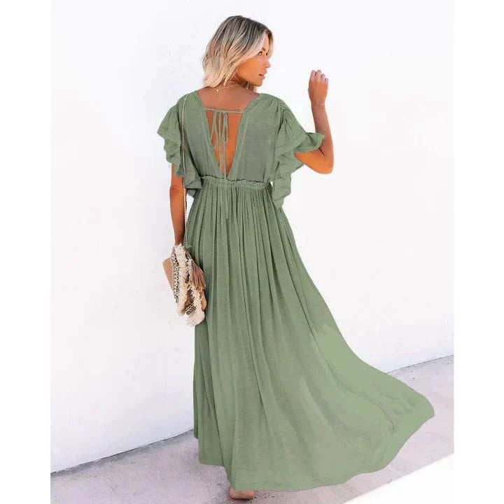 Deep V Neck Flutter Sleeve Drawstring Button Front Pocket Maxi Dress 3