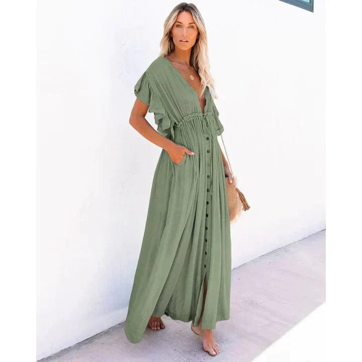 Deep V Neck Flutter Sleeve Drawstring Button Front Pocket Maxi Dress 2