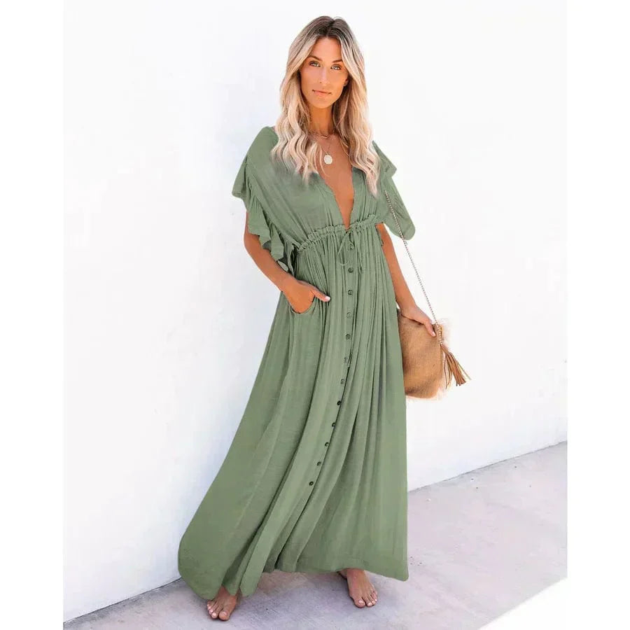 Deep V Neck Flutter Sleeve Drawstring Button Front Pocket Maxi Dress