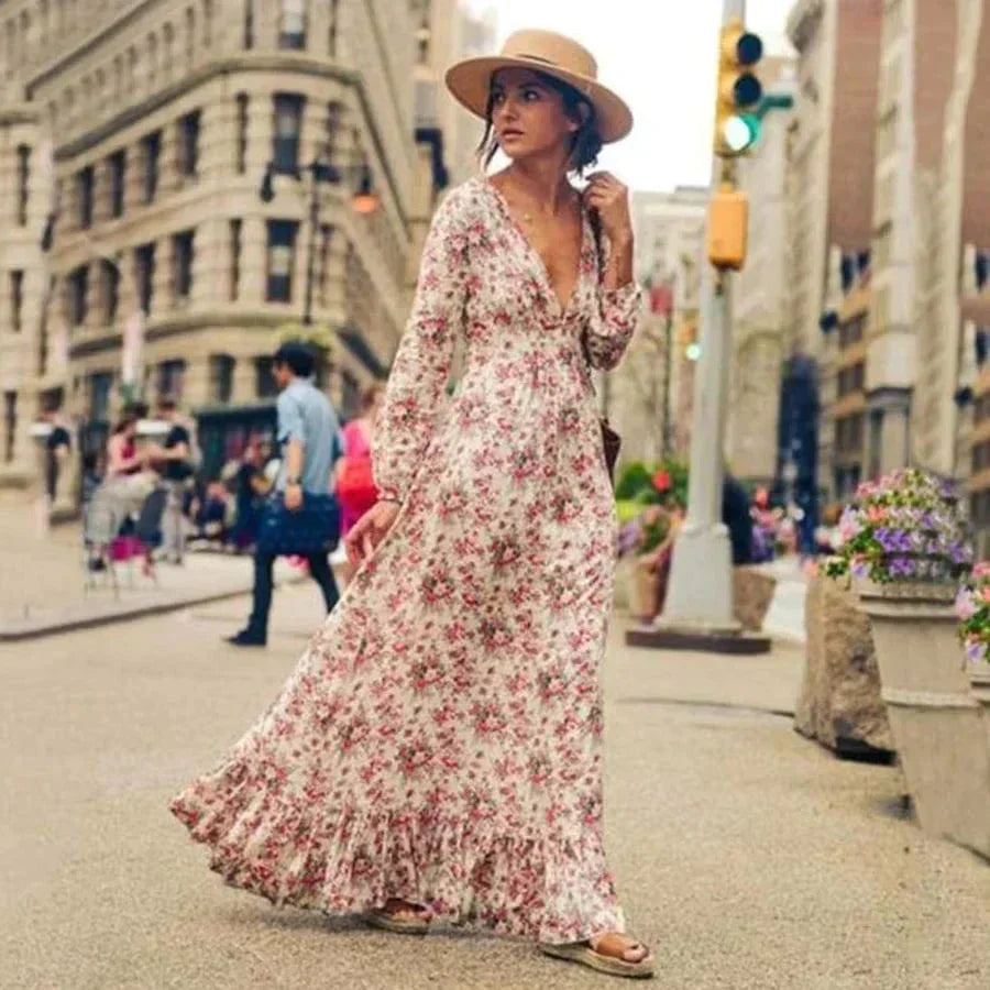Deep V Neck Long Sleeve Empire Waist Tiered Ruffle Floral Maxi Dress