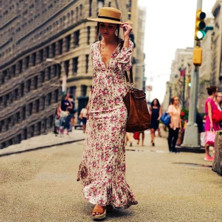 Deep V Neck Long Sleeve Empire Waist Tiered Ruffle Floral Maxi Dress 2