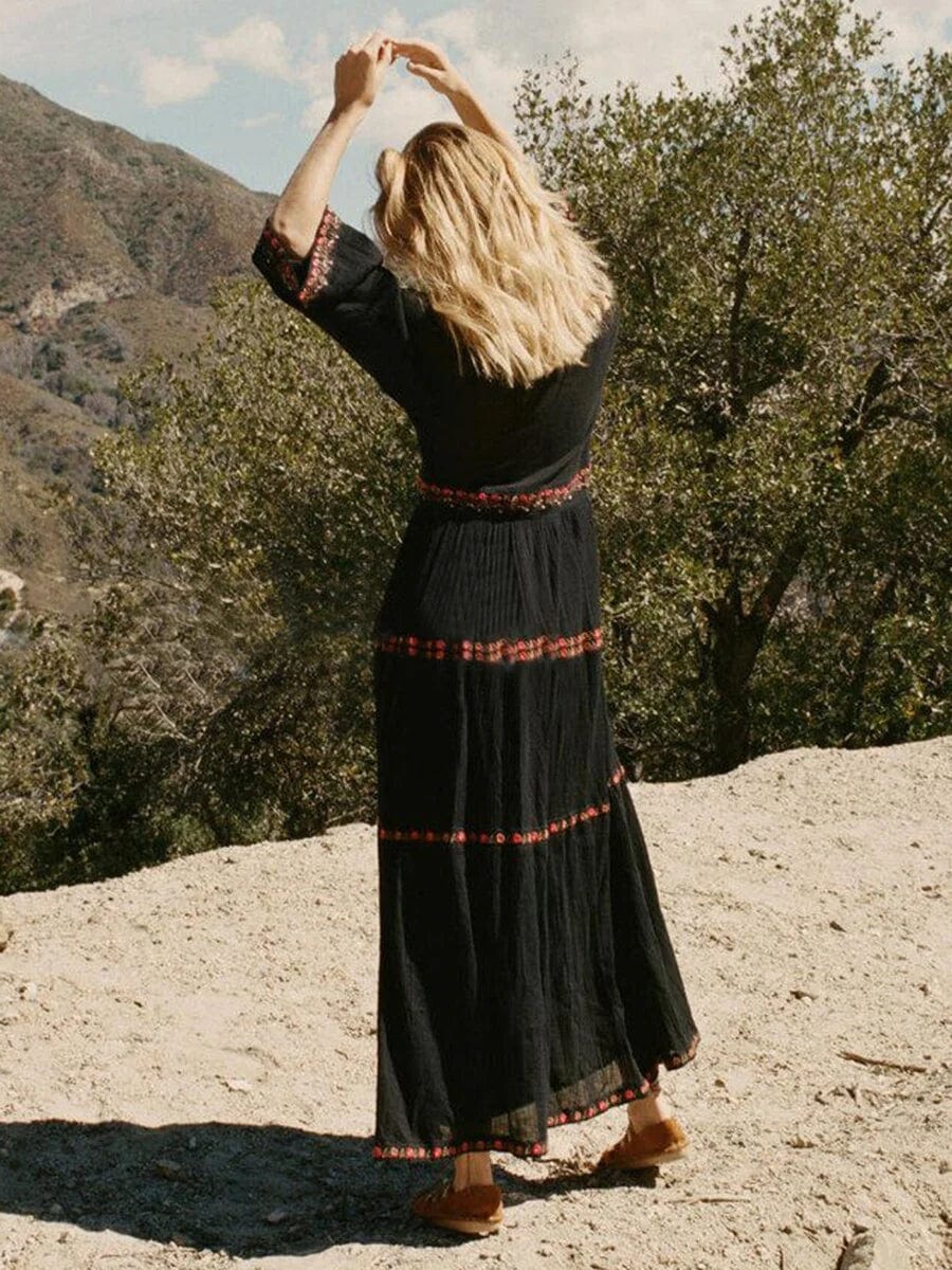 Deep V Embroidered Bell Sleeve Tier Boho Maxi Dress 3