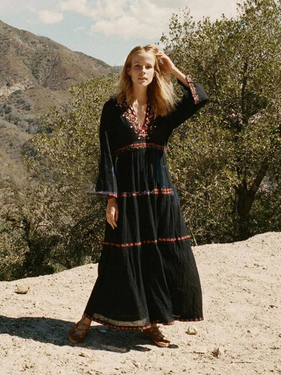 Deep V Embroidered Bell Sleeve Tier Boho Maxi Dress