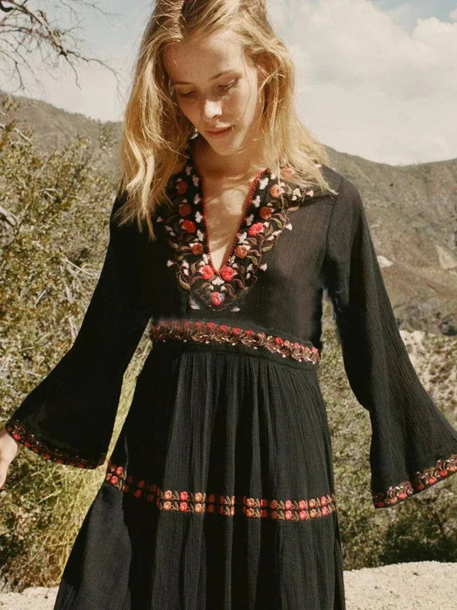 Deep V Embroidered Bell Sleeve Tier Boho Maxi Dress 2