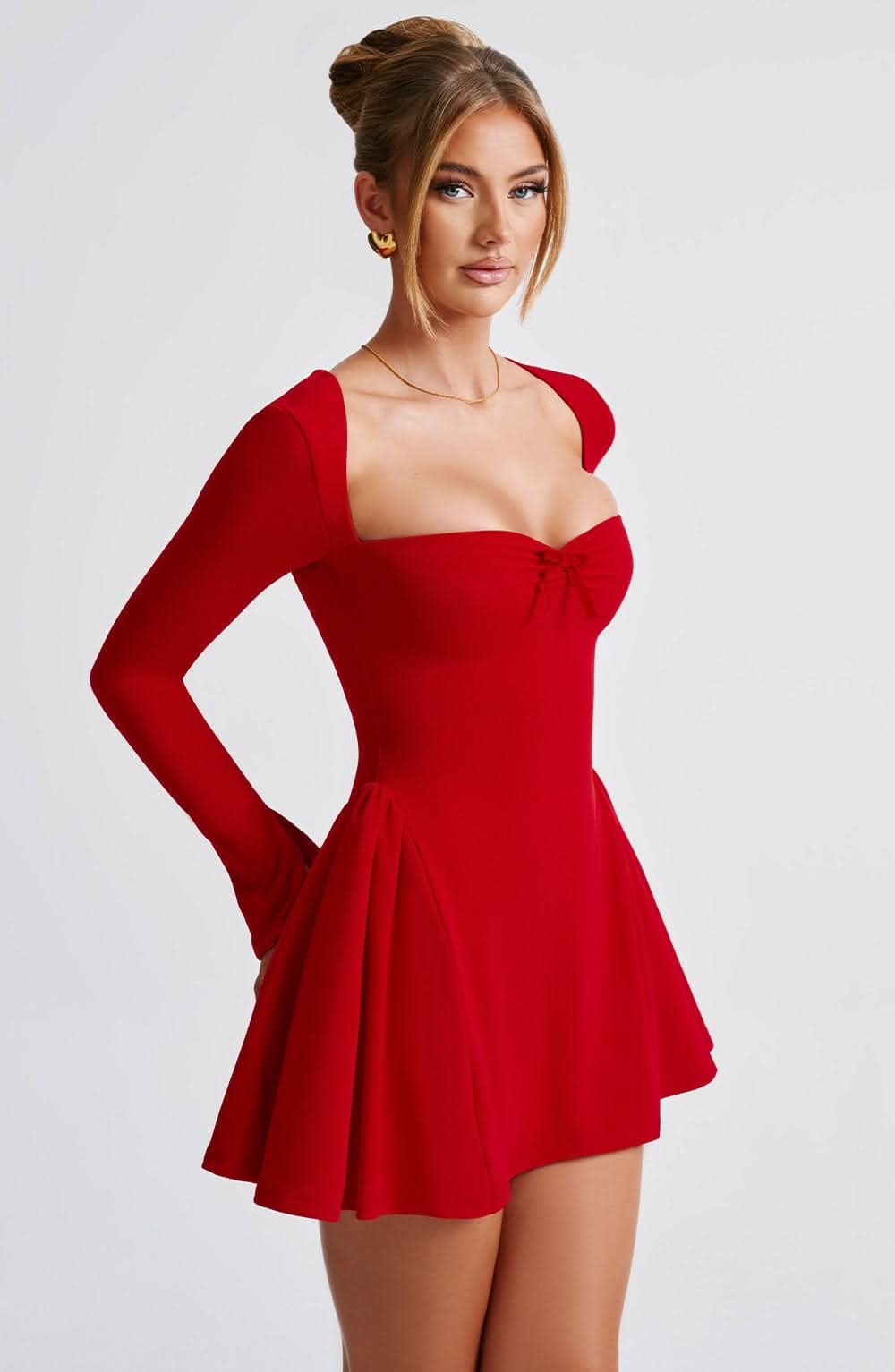 Sweetheart Neck Bow Detail Long Sleeve Fit And Flare Mini Dress 3