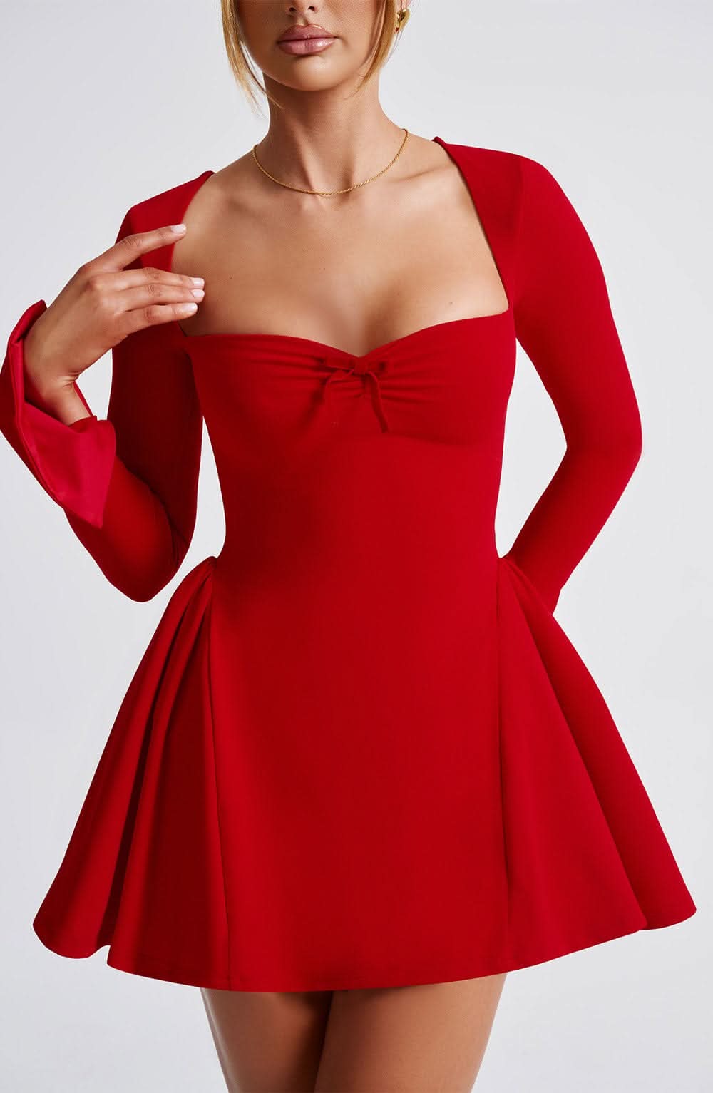 Sweetheart Neck Bow Detail Long Sleeve Fit And Flare Mini Dress 5