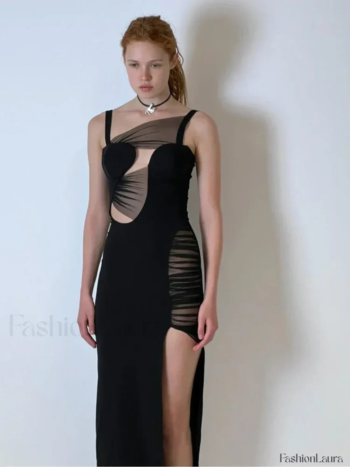 Black Mesh Hollow V-Neck Maxi Dress 9