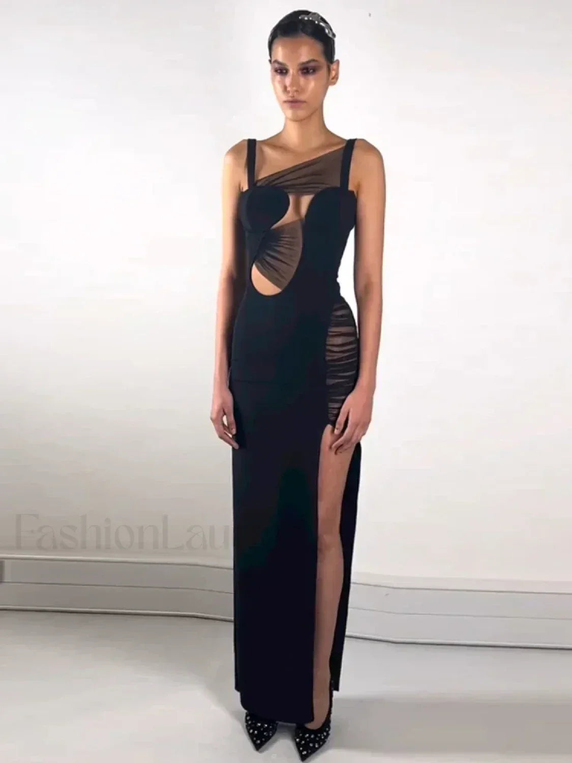 Black Mesh Hollow V-Neck Maxi Dress 2