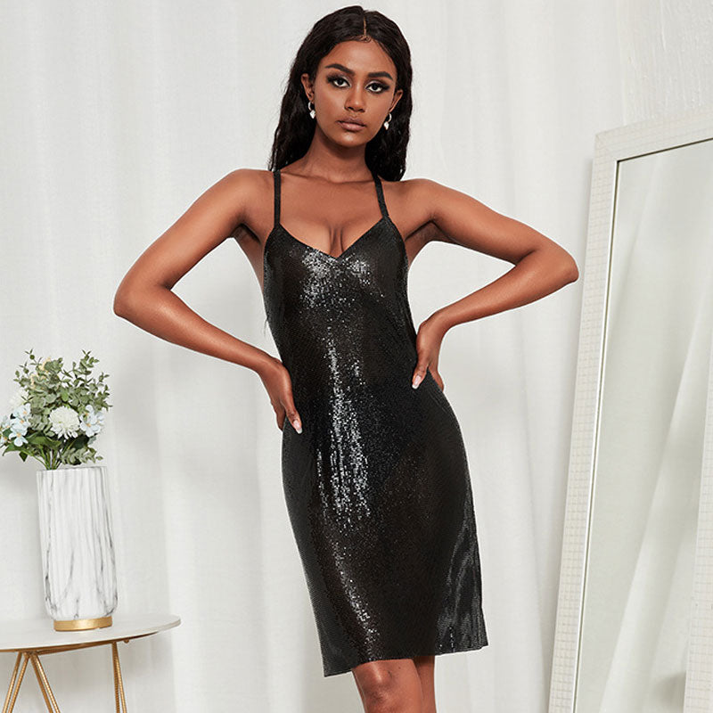 V-Neck Spaghetti Strap Disc Chainmail Low Back Party Mini Dress