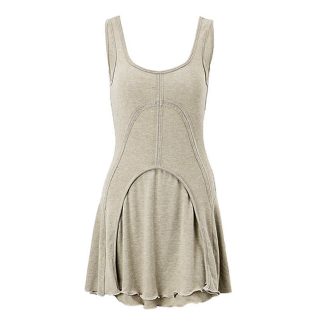 Scoop Neck Exposed Seam Lettuce Hem Fit and Flare Tank Mini Dress