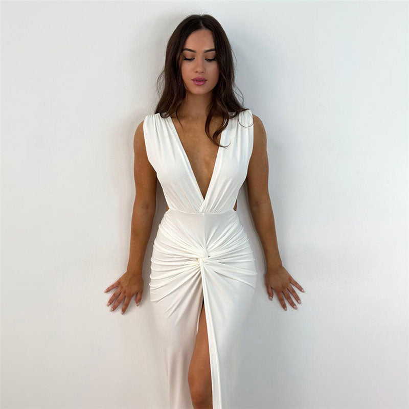 Twist Trim Deep V Sleeveless Front Slit Open Back Maxi Dress 2