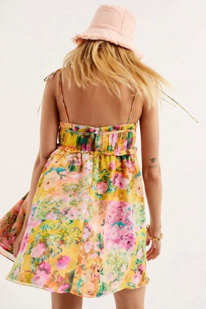 Floral Print Tie Strap Square Neck Empire Waist Ruffle Trim Mini Dress 2