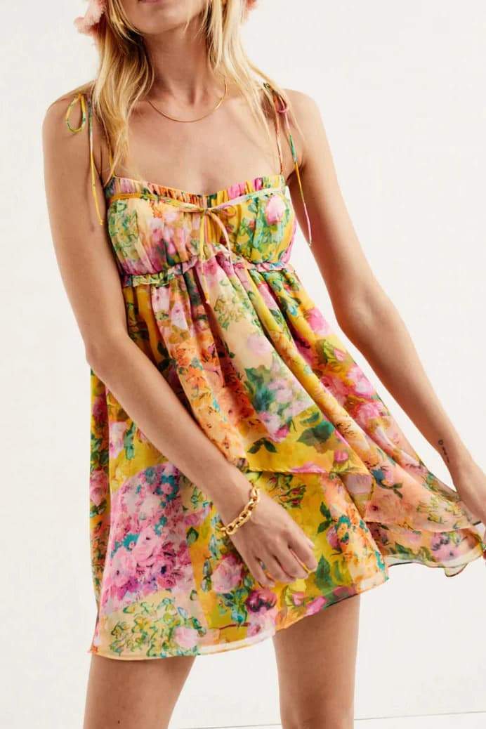 Floral Print Tie Strap Square Neck Empire Waist Ruffle Trim Mini Dress 7