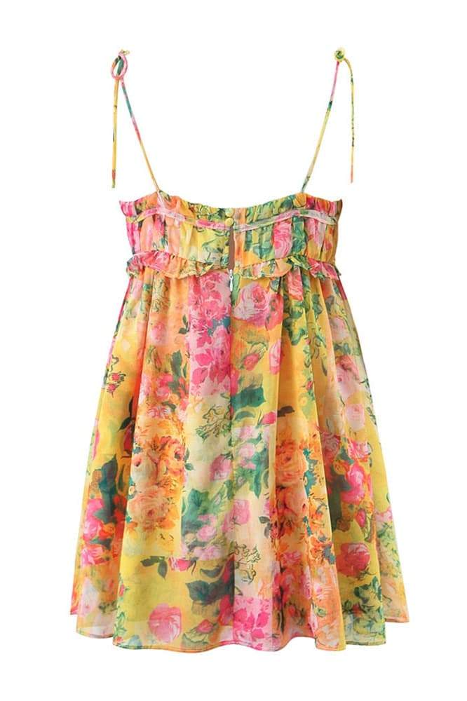 Floral Print Tie Strap Square Neck Empire Waist Ruffle Trim Mini Dress 6