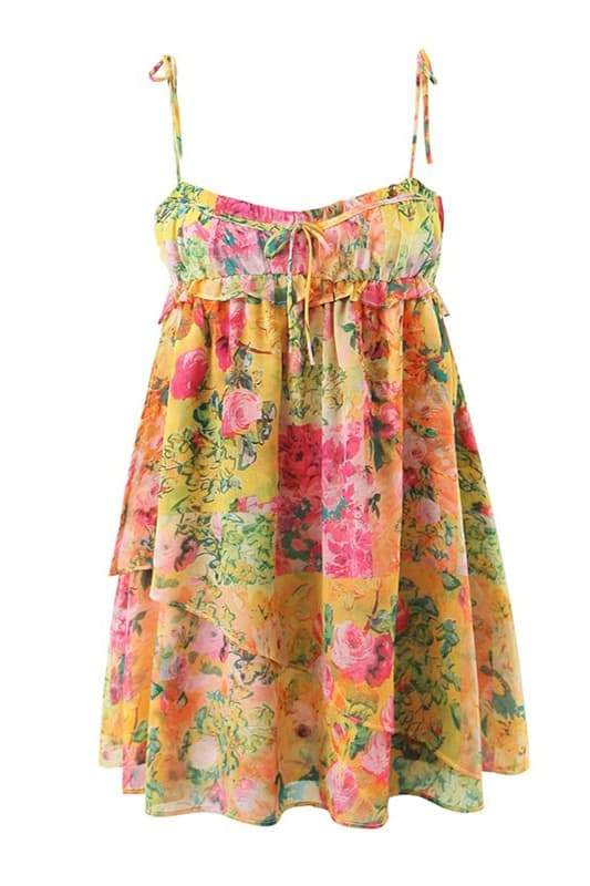 Floral Print Tie Strap Square Neck Empire Waist Ruffle Trim Mini Dress 5