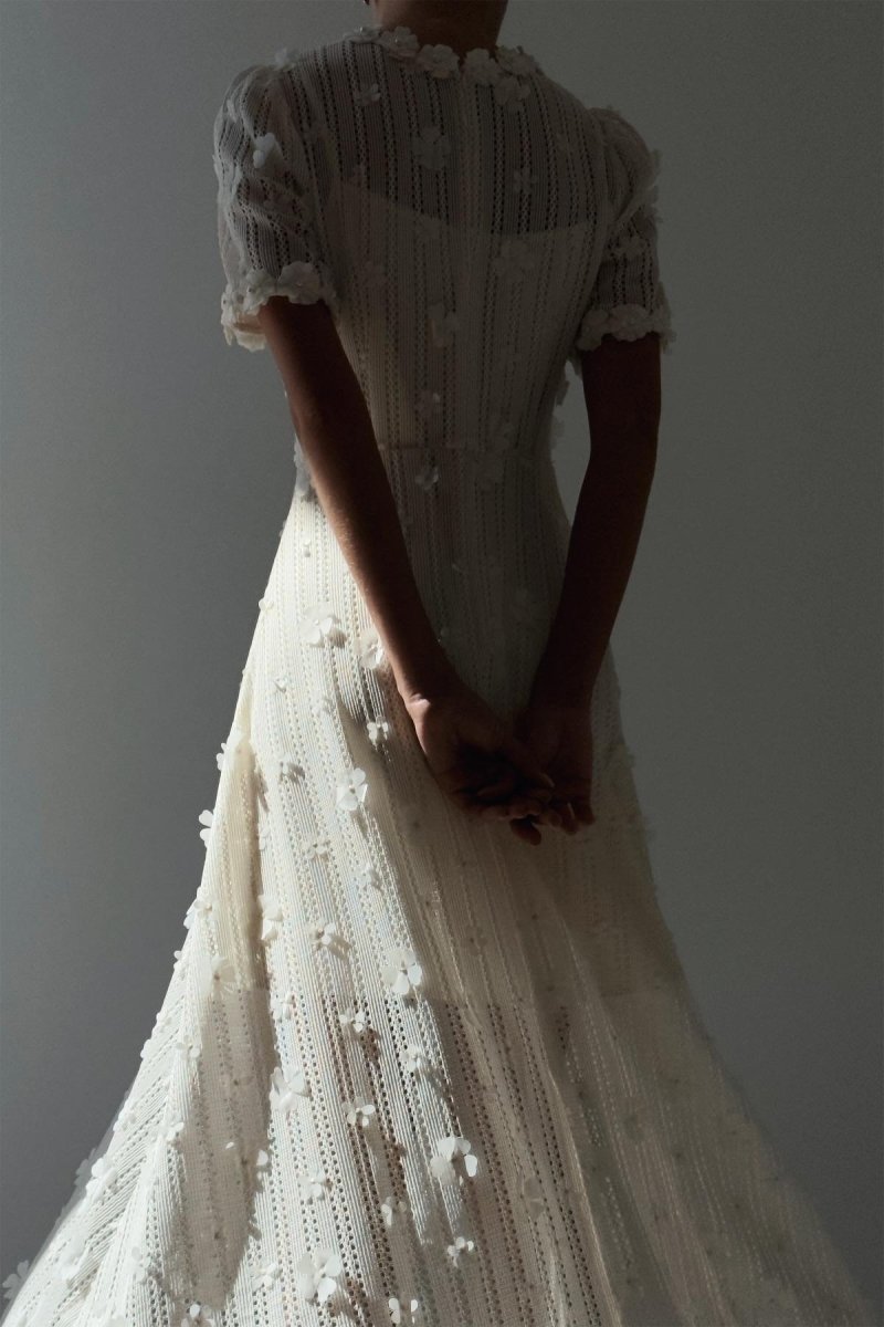 3D Floral Appliqué Pearl Trim Crew Neck Lace Texture Fit and Flare Midi Dress 2
