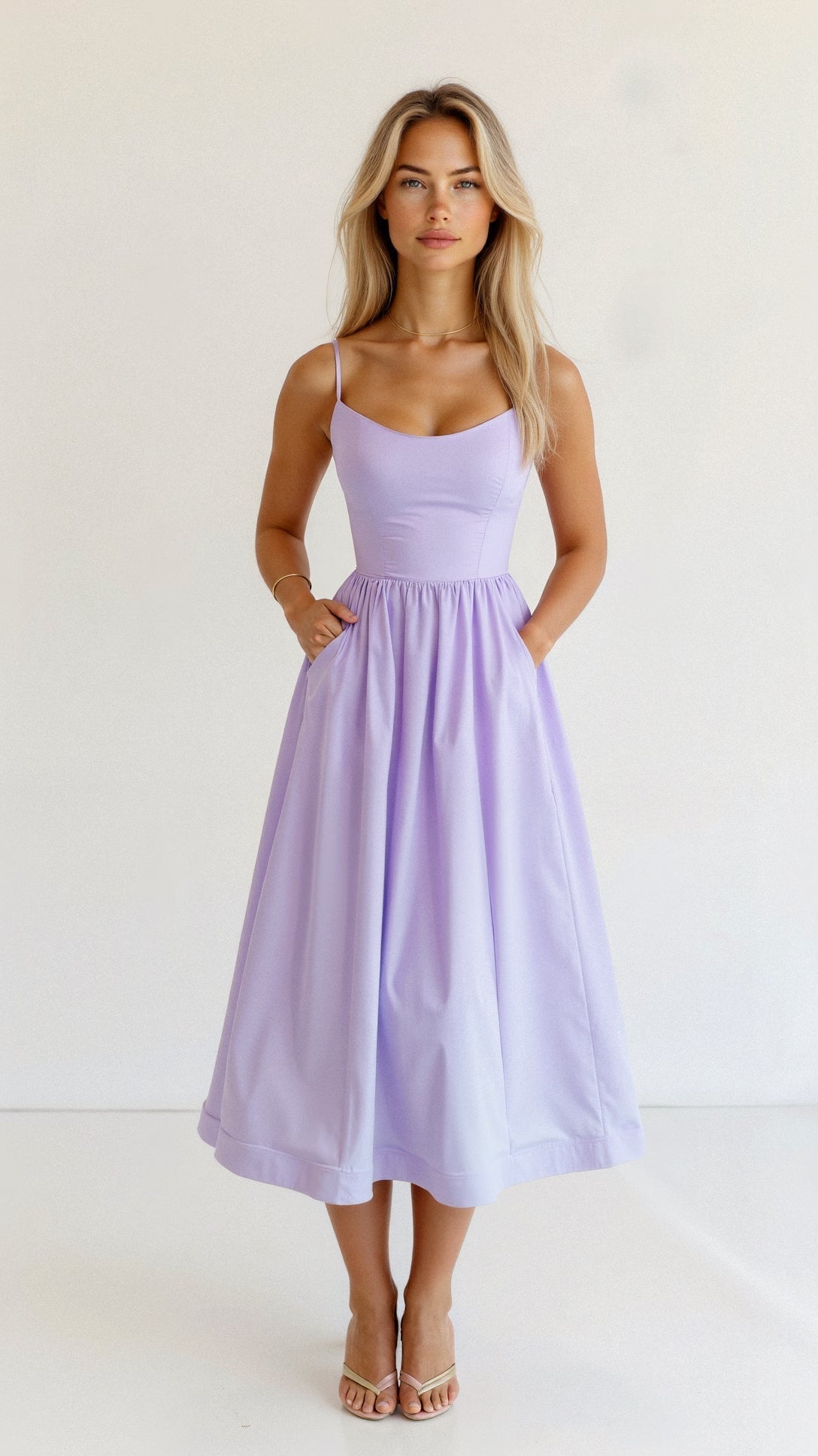 Spaghetti Strap Scoop Neck Gathered Waist Fit and Flare Midi Dress 8