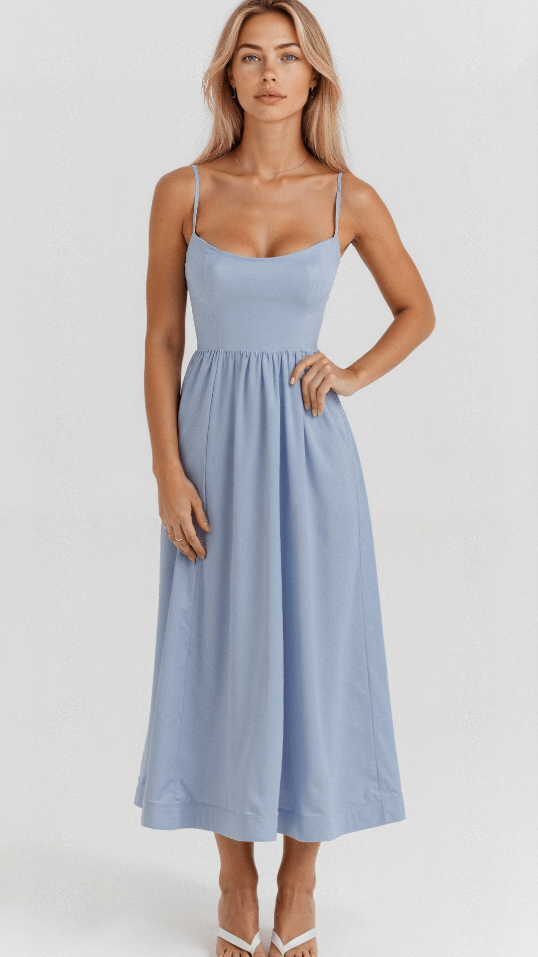 Spaghetti Strap Scoop Neck Gathered Waist Fit and Flare Midi Dress 3