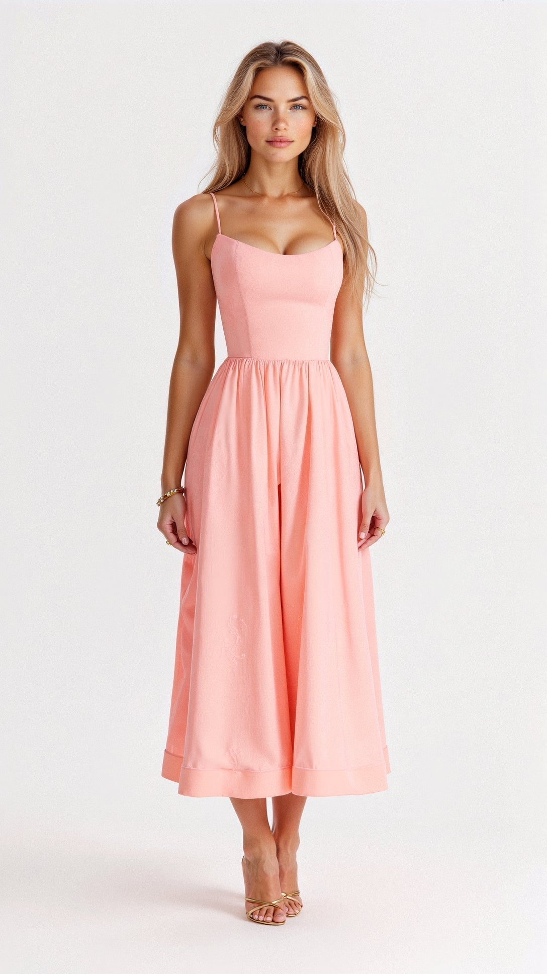 Spaghetti Strap Scoop Neck Gathered Waist Fit and Flare Midi Dress 7