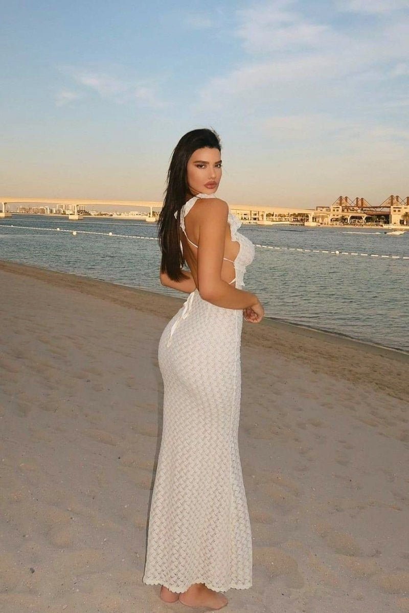 Deep V Neck Keyhole Empire Waist Crochet Open Knit Bodycon Maxi Dress 5