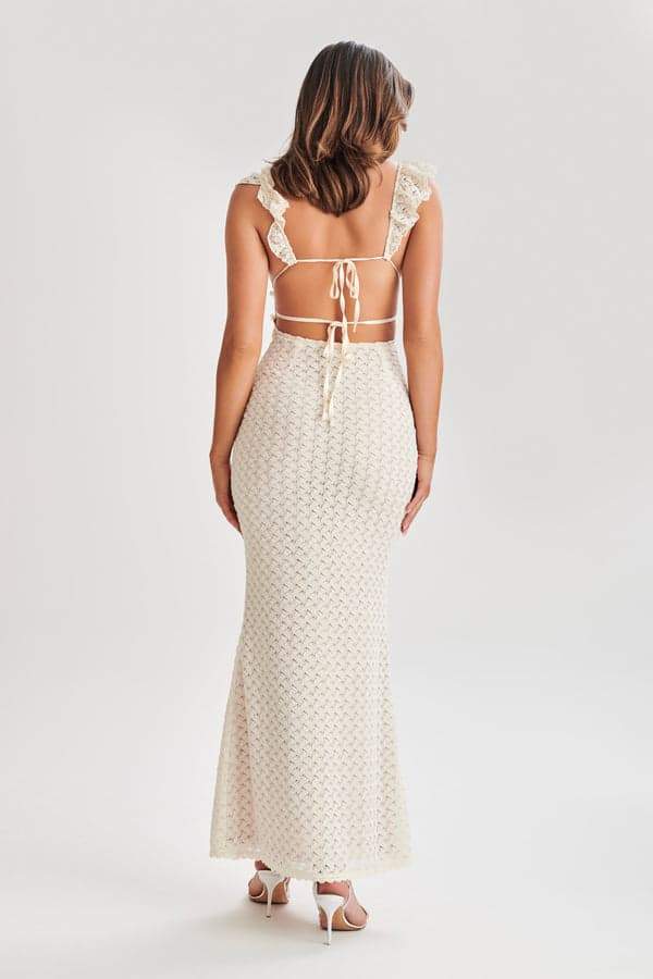 Deep V Neck Keyhole Empire Waist Crochet Open Knit Bodycon Maxi Dress 7