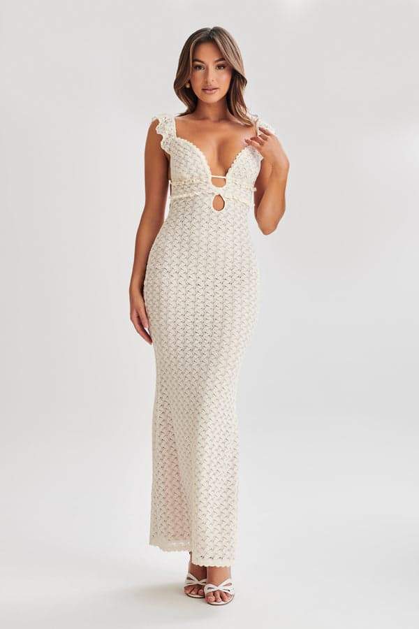 Deep V Neck Keyhole Empire Waist Crochet Open Knit Bodycon Maxi Dress 2