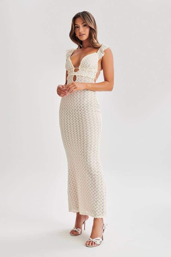 Deep V Neck Keyhole Empire Waist Crochet Open Knit Bodycon Maxi Dress 6
